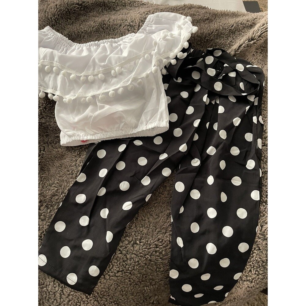 (P1) Brand New PatPat Toddler Girl White and Black Polka dot Outfit